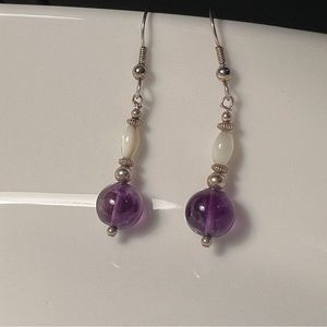 Gemstone Tested Amethyst Drop Dangle Silvertone Pierced Earrings EUC